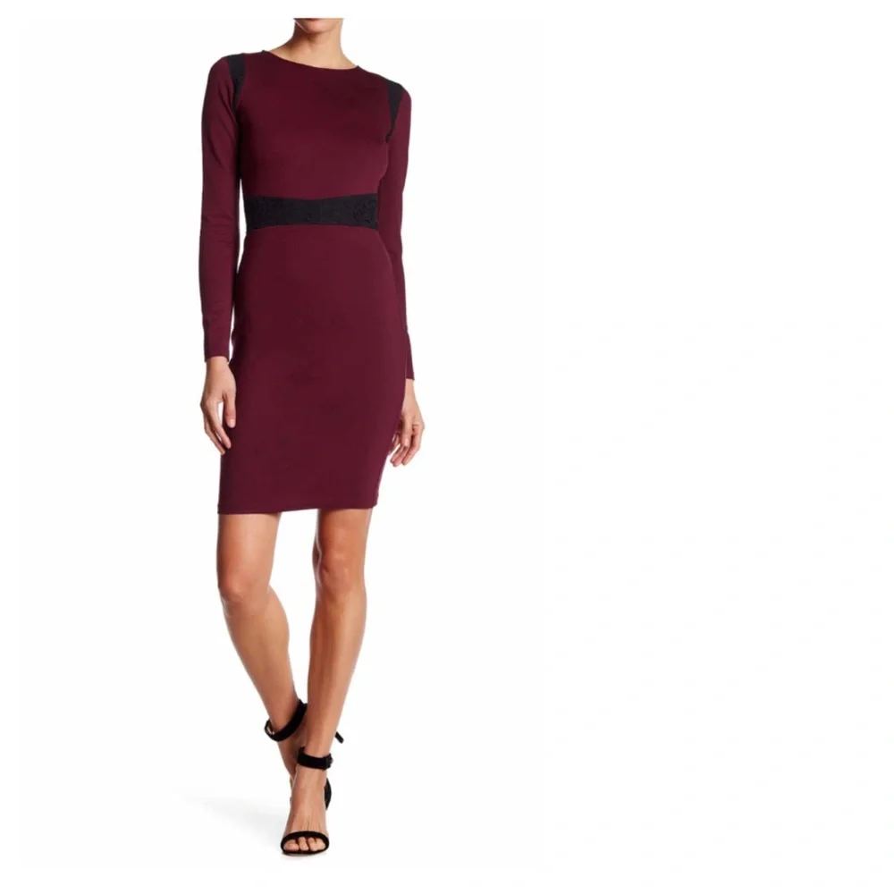 Love Ady Lace Paneled Sheath Dress Burgundy M Red Black Bodycon